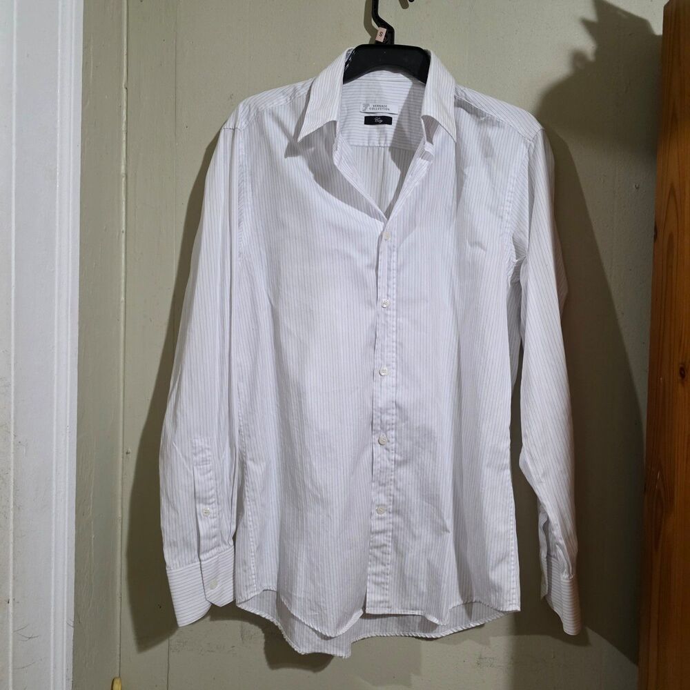 Versage colletion mens white pinstripe button down Classic formal shirt used